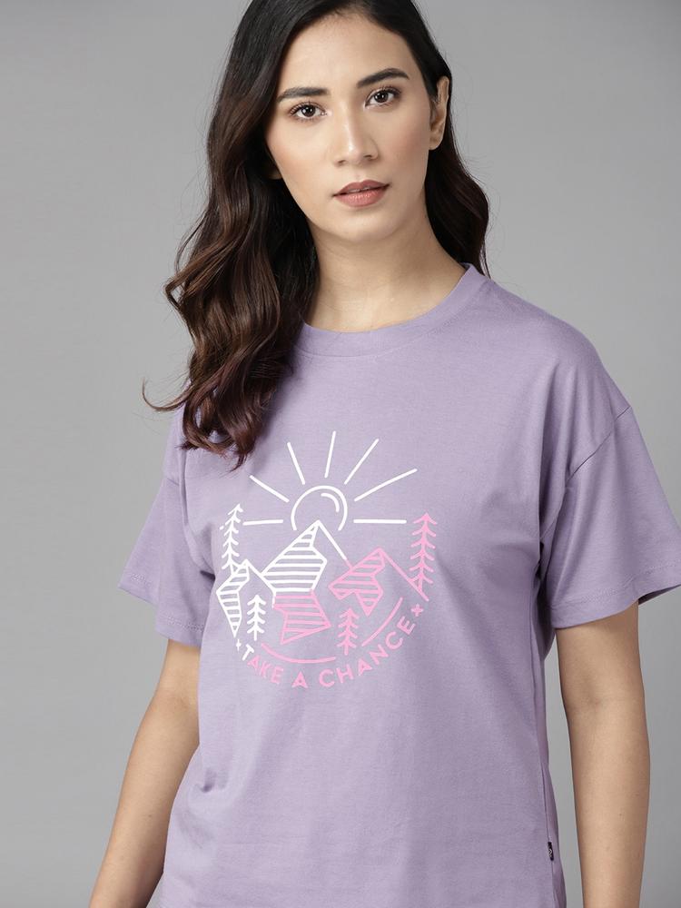 Roadster Women Lavender Conversational Print Extended Sleeves T-shirt
