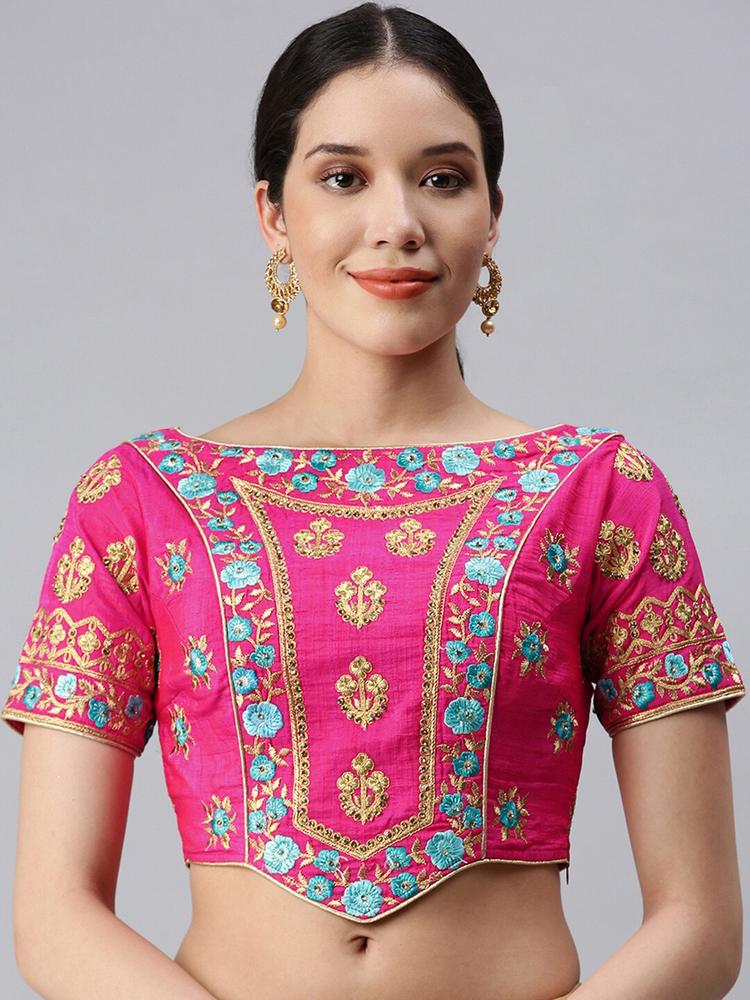 flaher Women Pink & Blue Embroidered Art Silk Saree Blouse