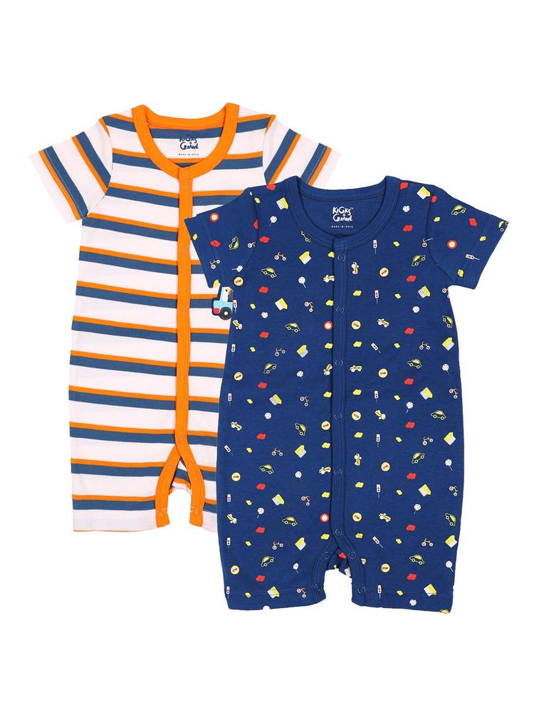 KICKS & CRAWL Infant Boys Pack Of 2 Printed Cotton Rompers