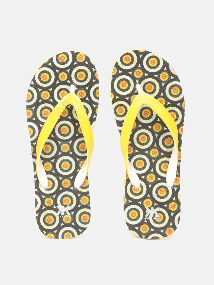 Kook N Keech Women Yellow & Charcoal Grey Geometric Print Thong Flip-Flops