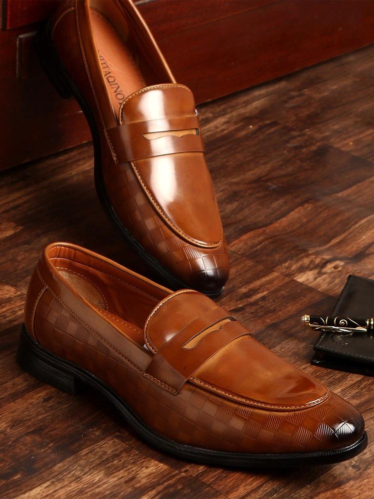 MUTAQINOTI Men Tan Textured Patent Leather Loafers