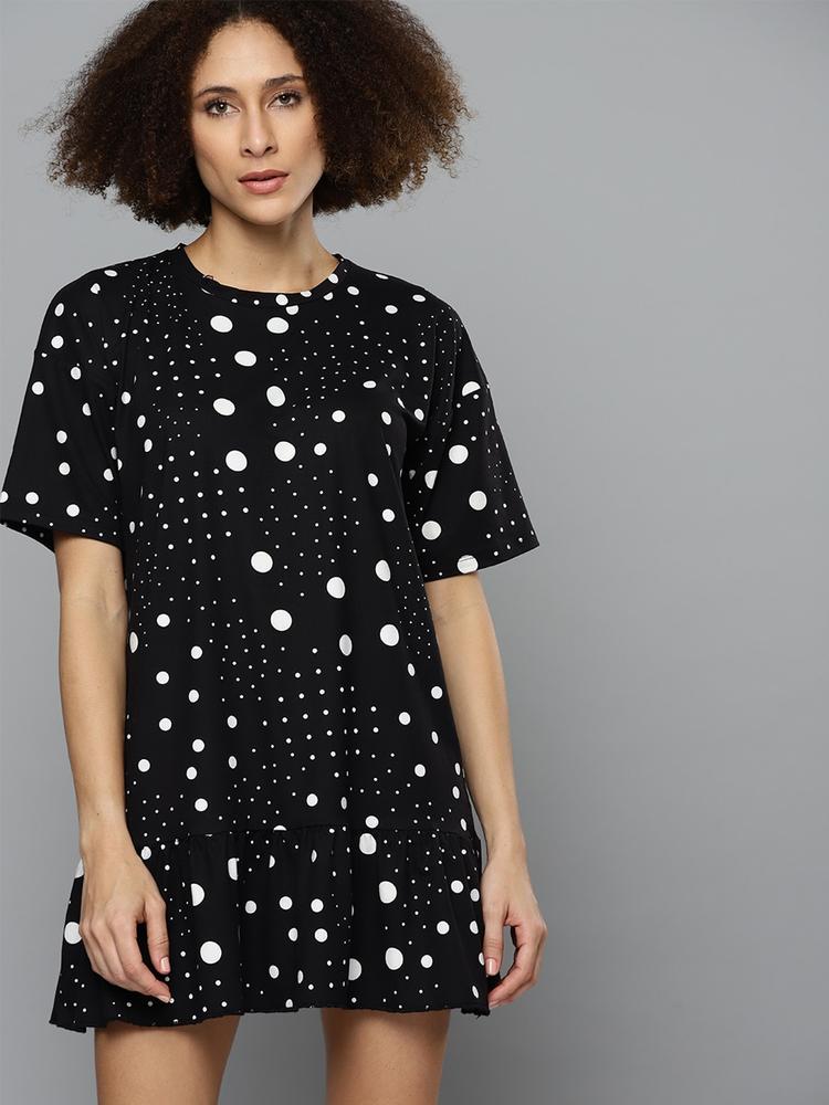 Kook N Keech Black & White Dotted Print A-Line Mini Dress