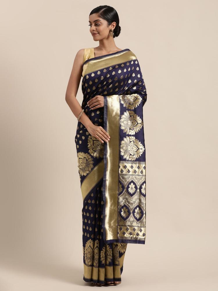 Sugathari Navy Blue Woven Design Silk Blend Fusion Banarasi Saree
