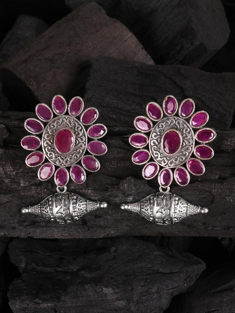 JEWELS GEHNA Silver-Toned & Pink Oxidised Floral Drop Earrings