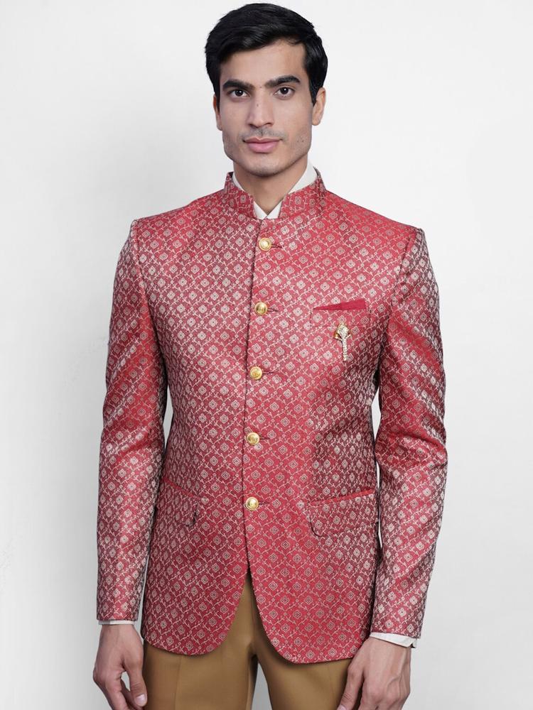 Wintage Men Red & Silver-Coloured Woven-Design Banarasi Bandhgala Party Blazer