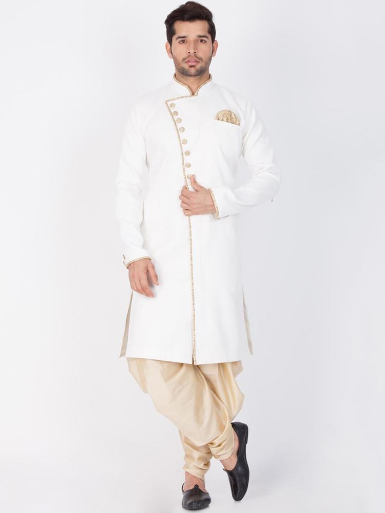 VASTRAMAY Men White & Gold-Coloured Solid Slim-Fit Sherwani Set