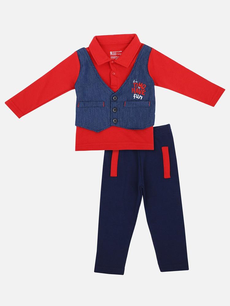 Bodycare Kids Boys Red & Navy Blue Printed T-shirt with Trousers