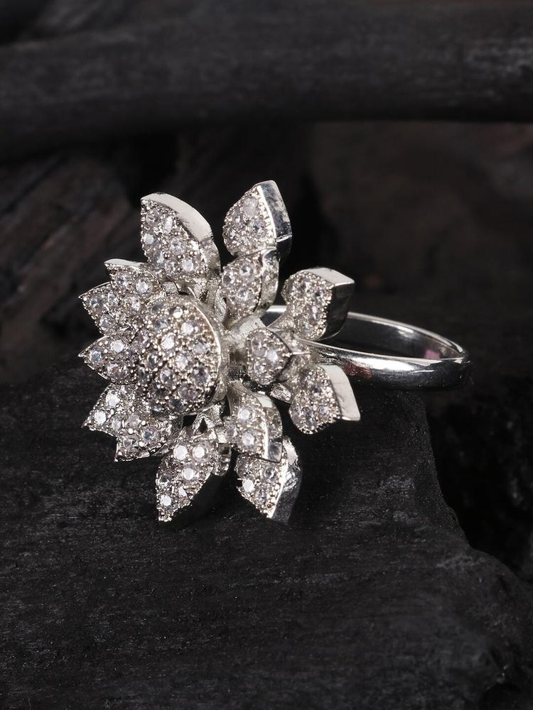JEWELS GEHNA Silver-Plated White AD-Studded Handcrafted Adjustable Finger Ring