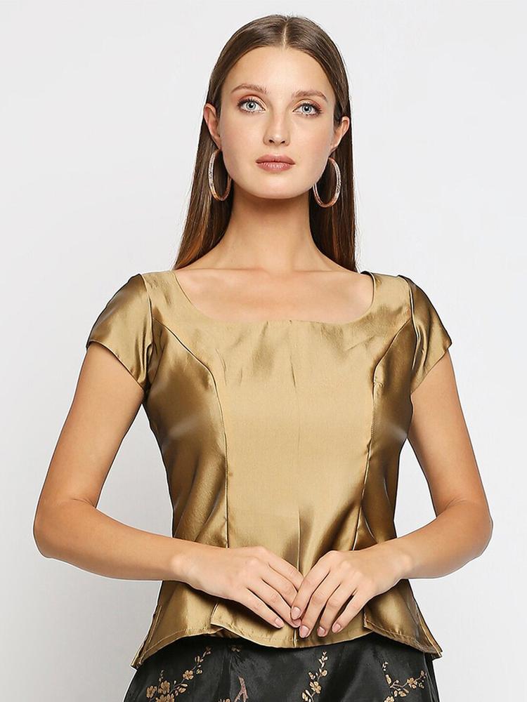 Ira Soleil Gold-Coloured Cap Sleeves Taffeta Satin Ethnic Regular Top