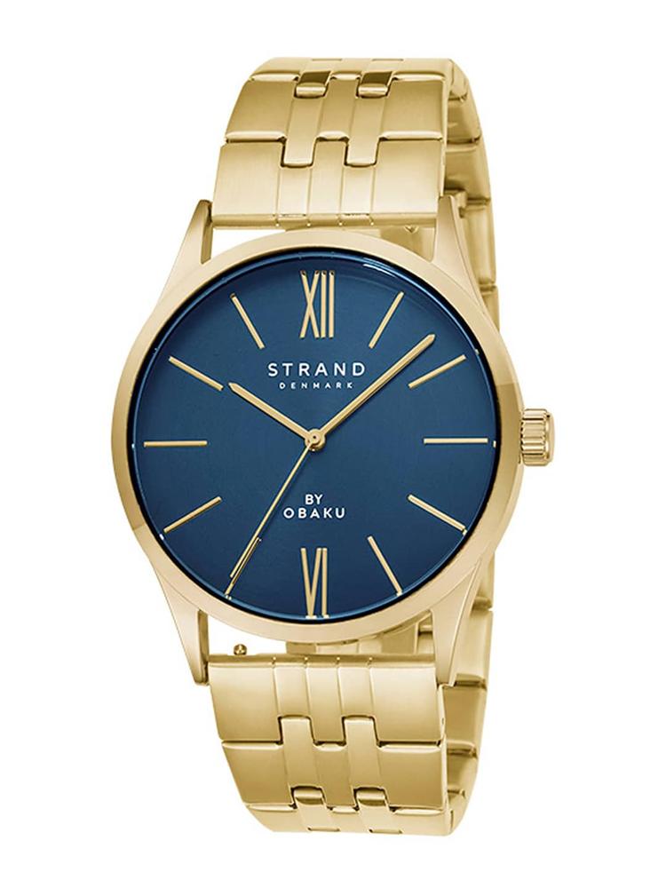 STRAND BY OBAKU Men Blue Brass Embellished Dial & Gold Toned Stainless Steel Bracelet Style Straps Analogue Watch