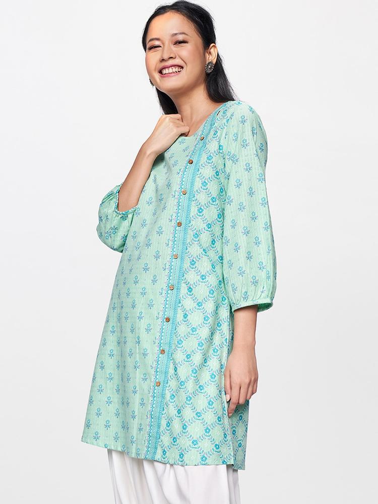 Global Desi Turquoise Blue Printed Tunic with Button Detailing