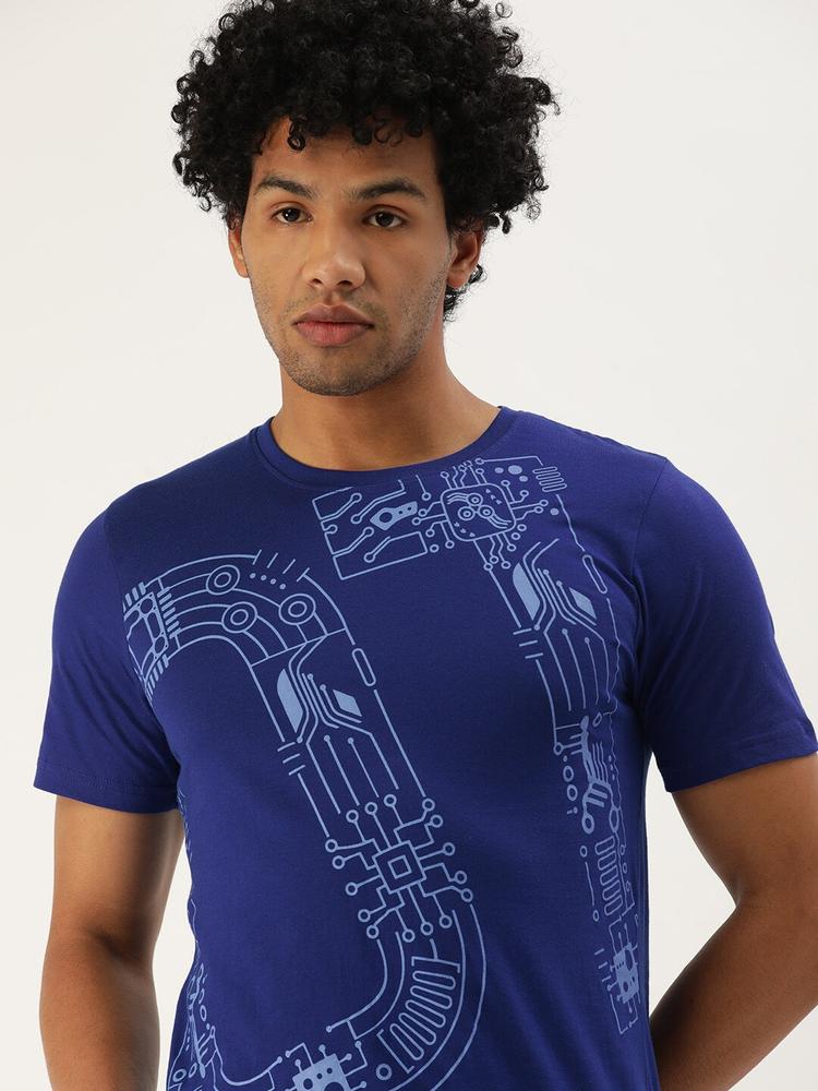 SINGLE Men Blue Typography Printed Slim Fit T-shirt