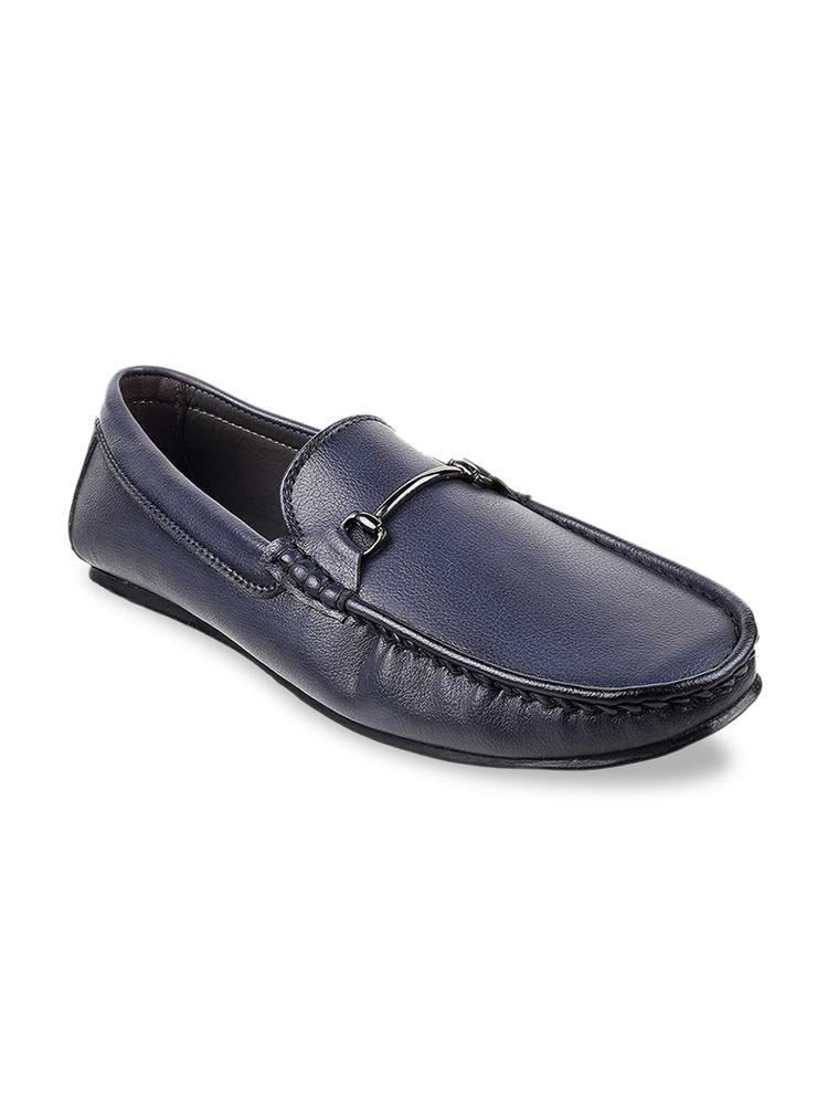 Mochi Men Navy Blue Leather Horsebit Loafers