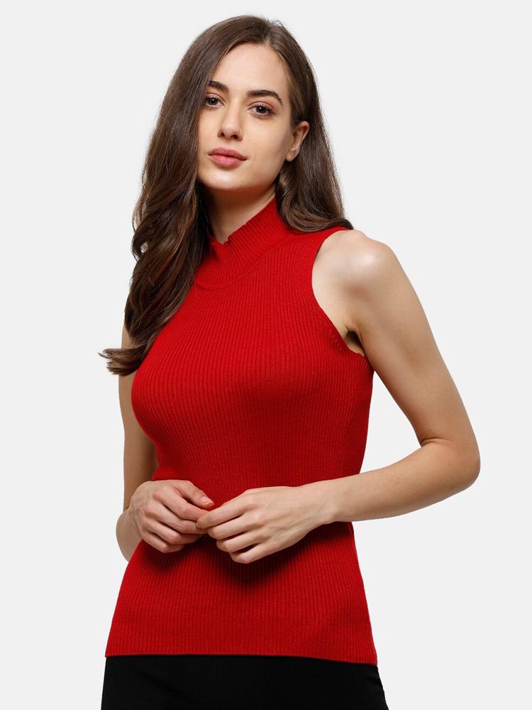98 Degree North Women Red Self Design Sleeveless Pullover