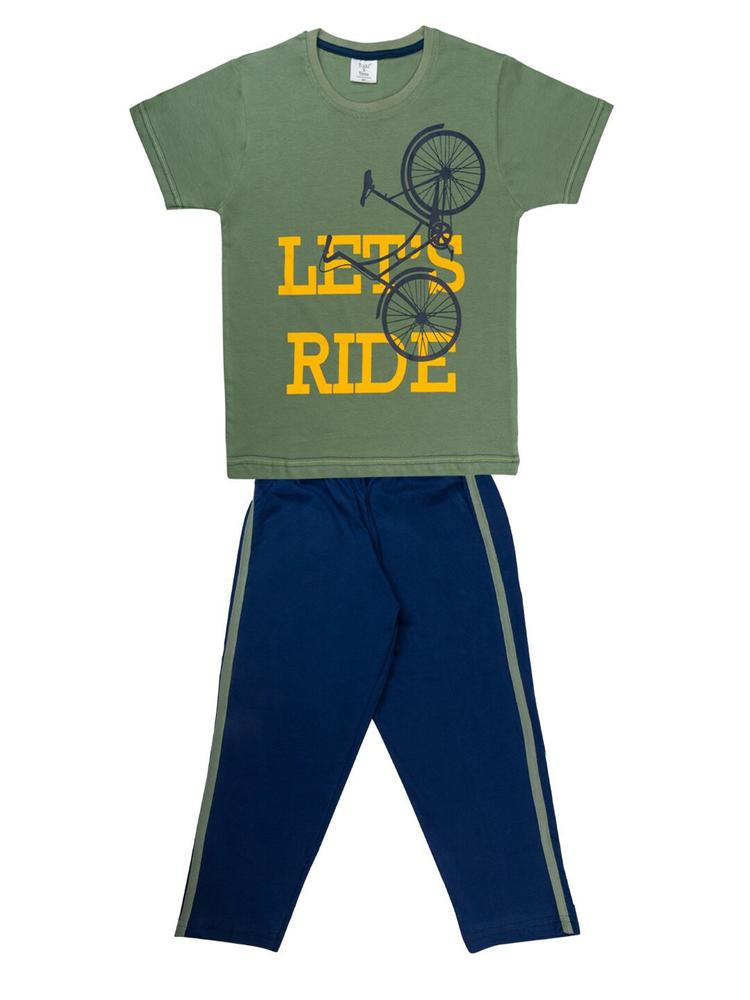 Todd N Teen Boys Teal & Yellow Graphic Printed Pure Cotton T-Shirt With Pyjamas