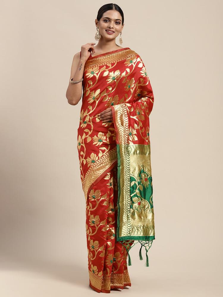 KALINI Red Woven Design Zari Silk Blend Banarasi Saree