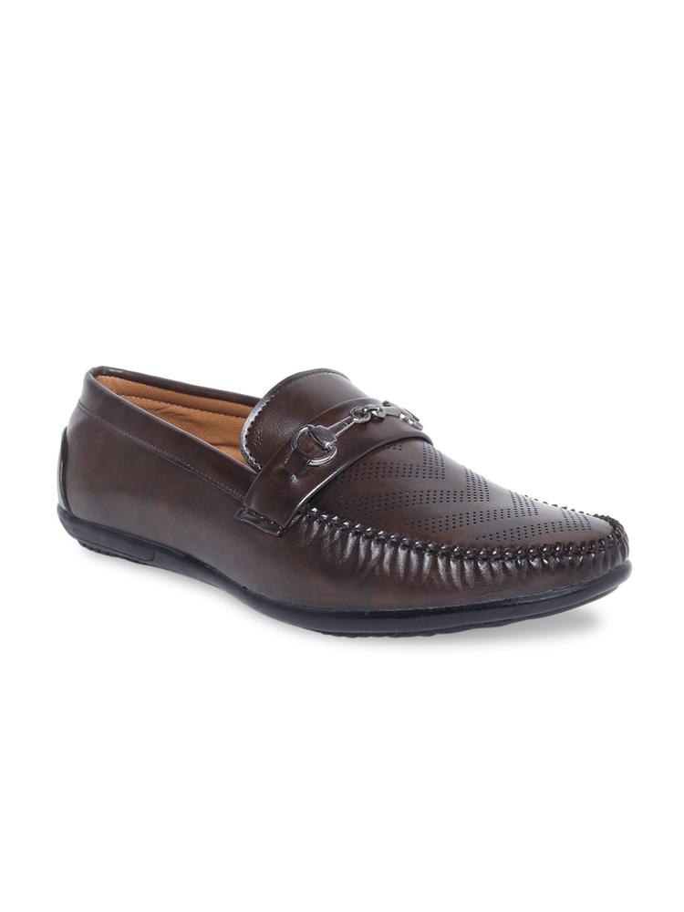 MUTAQINOTI Men Brown Textured Patent Leather Loafers