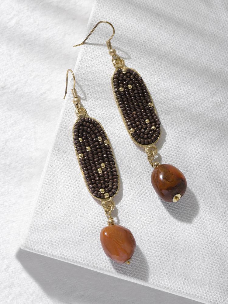 DEEBACO Brown & Rose Gold Natural Stone Beaded EarringDrop Earrings
