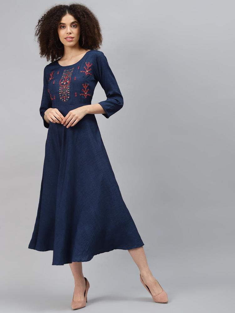 plusS Blue Ethnic Motifs Embroidered A-Line Dress