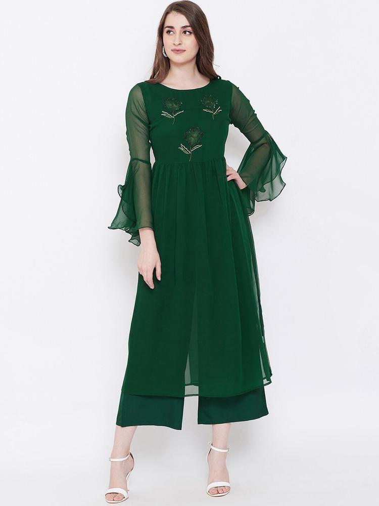 Bitterlime Women Green Floral Embroidered Pleated Sequinned Kurta with Palazzos