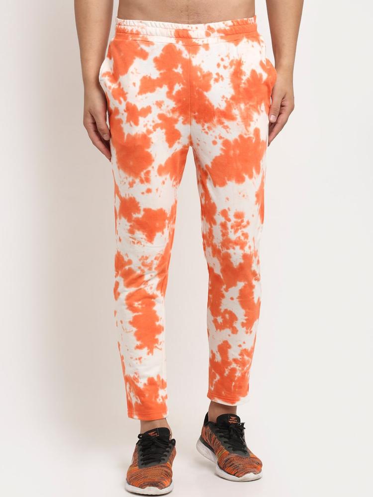 DOOR74 White & Orange Cotton Tie & Dye Relaxed Fit Track Pants
