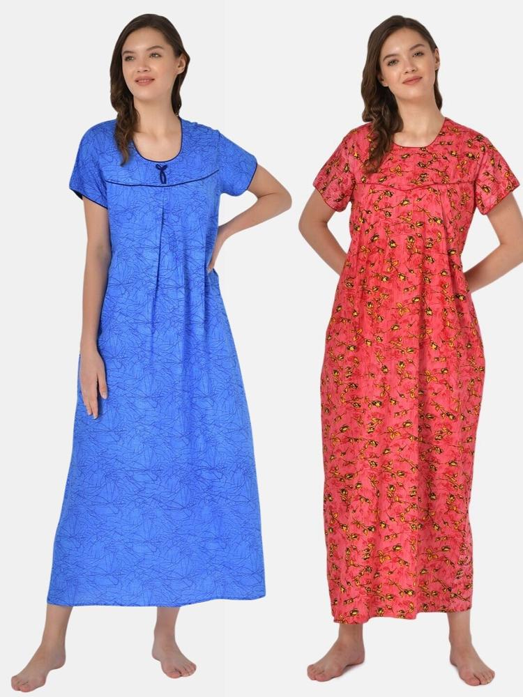 Klamotten Women Pack of 2 Blue Printed Pure Cotton Maxi Nightdress