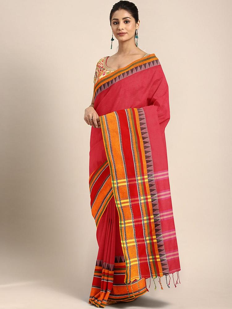 Kalakari India Red & Mustard Woven Design Kutchi Embroidery Pure Cotton Jamdani Saree