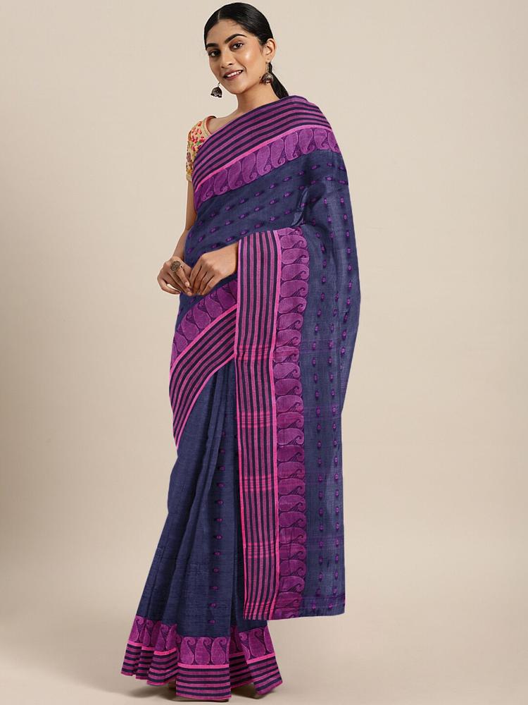 Kalakari India Purple & Multicoloured Woven Design Silk Cotton Taant Saree