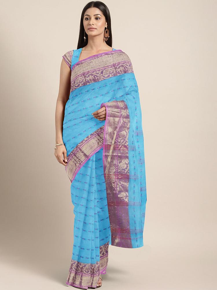 Kalakari India Blue & Multicoloured Woven Design Silk Cotton Taant Saree