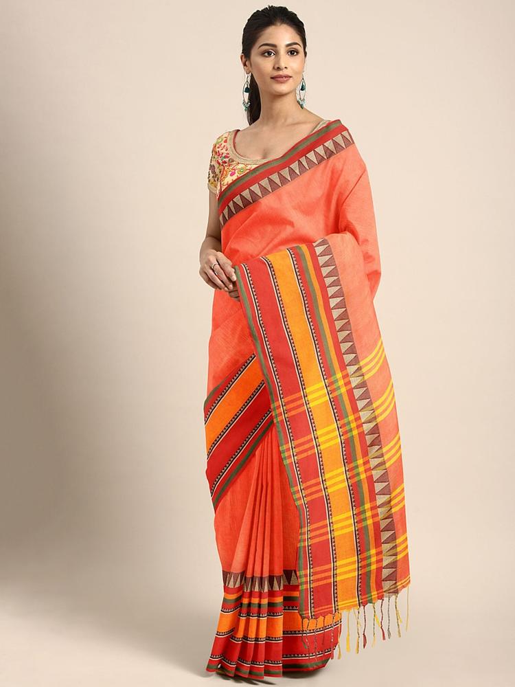Kalakari India Orange & Red Woven Design Kutchi Embroidery Pure Cotton Jamdani Saree