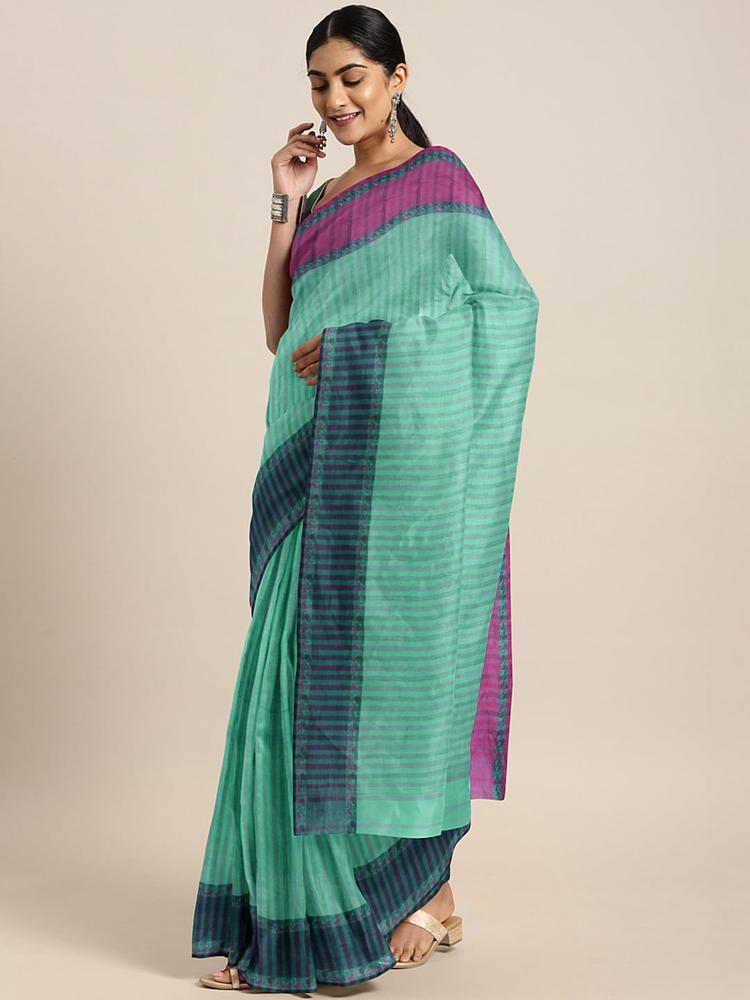 Kalakari India Green & Purple Woven Design Silk Cotton Taant Saree
