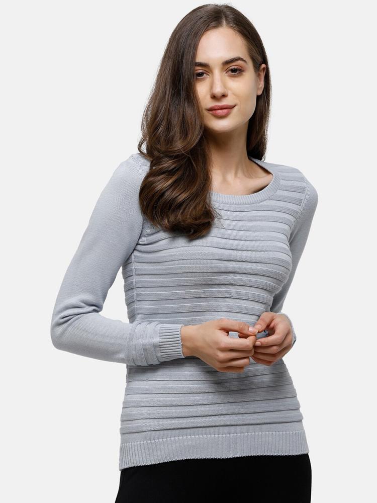 98 Degree North Women Grey Self Designed Pure Cotton Pullover Sweater