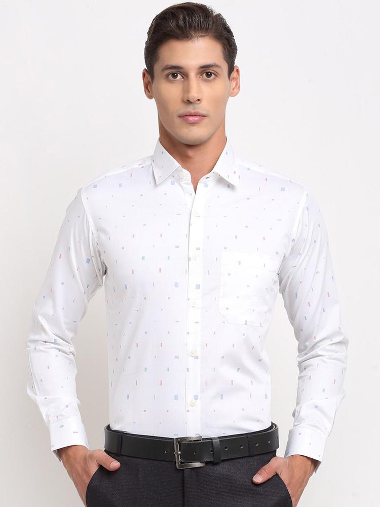 FINNOY Men White & Blue Opaque Printed Cotton Formal Shirt