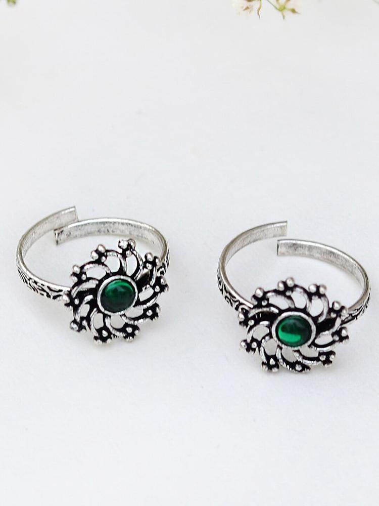 TEEJH Set Of 2 Oxidised Silver-Plated Green Stone Studded Toe Rings