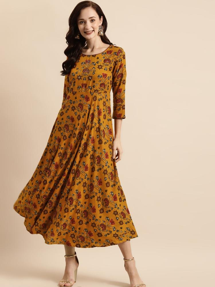 RANGMAYEE Mustard Yellow & Maroon Floral Liva Ethnic A-Line Maxi Dress
