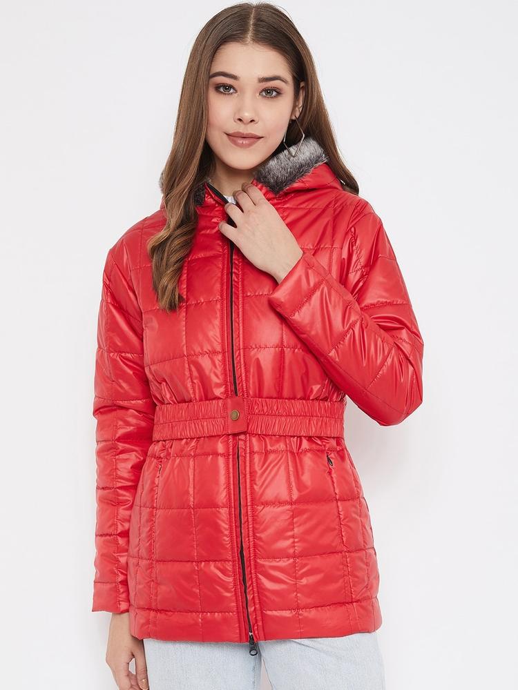 JUMP USA Women Red Checked Longline Padded Jacket