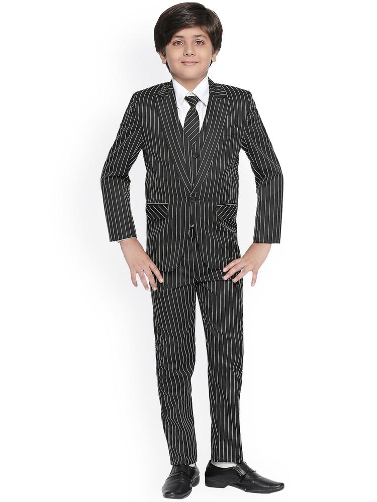 Jeetethnics Boys Black Striped 4-Piece Single-Breasted Suit