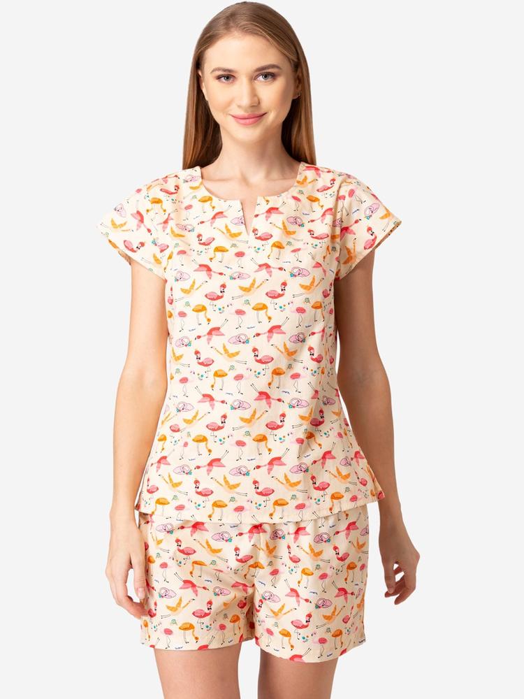 Fluffalump Women Peach & Yellow Printed Night suit