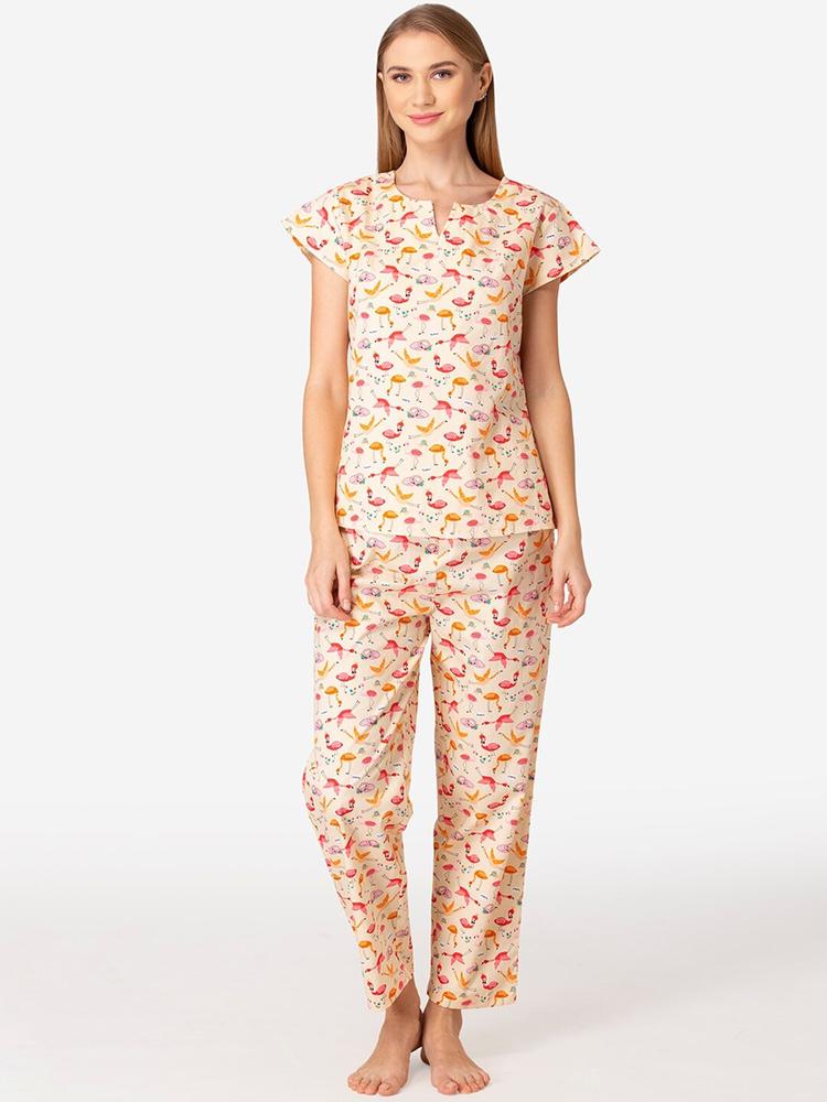 Fluffalump Women Peach-Coloured & Yellow Printed Pure Cotton Night suit