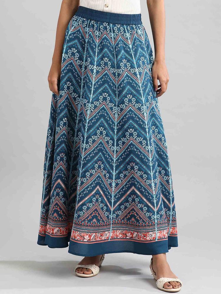 AURELIA Women Blue & White Printed Maxi Length Flared Skirt
