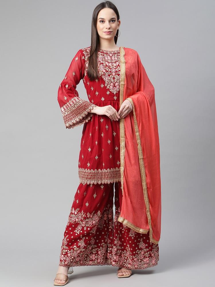 Readiprint Fashions Maroon & Coral Embroidered Semi-Stitched Dress Material