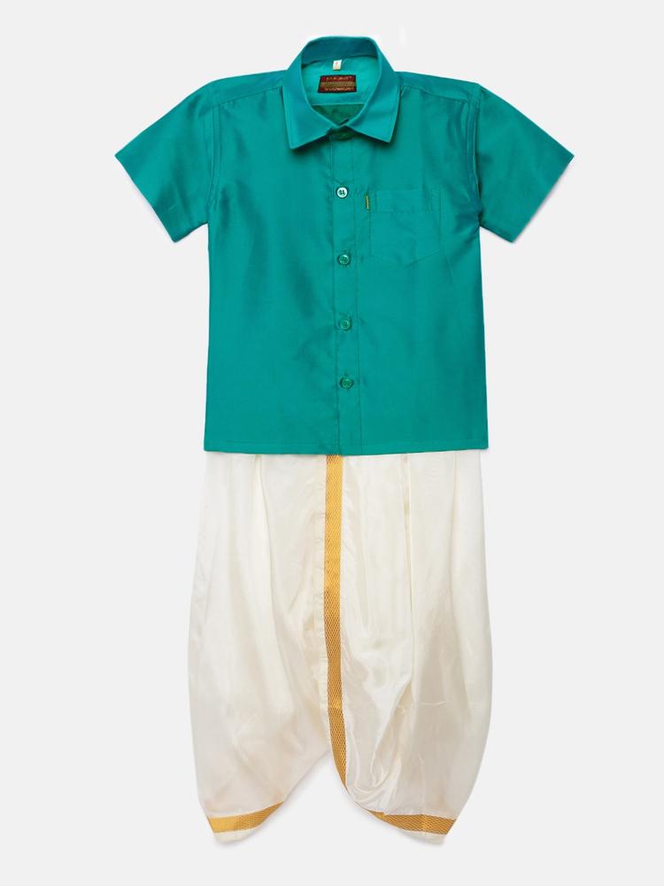 Thangamagan Boys Sea Green Solid Panjagajam & Shirt Set