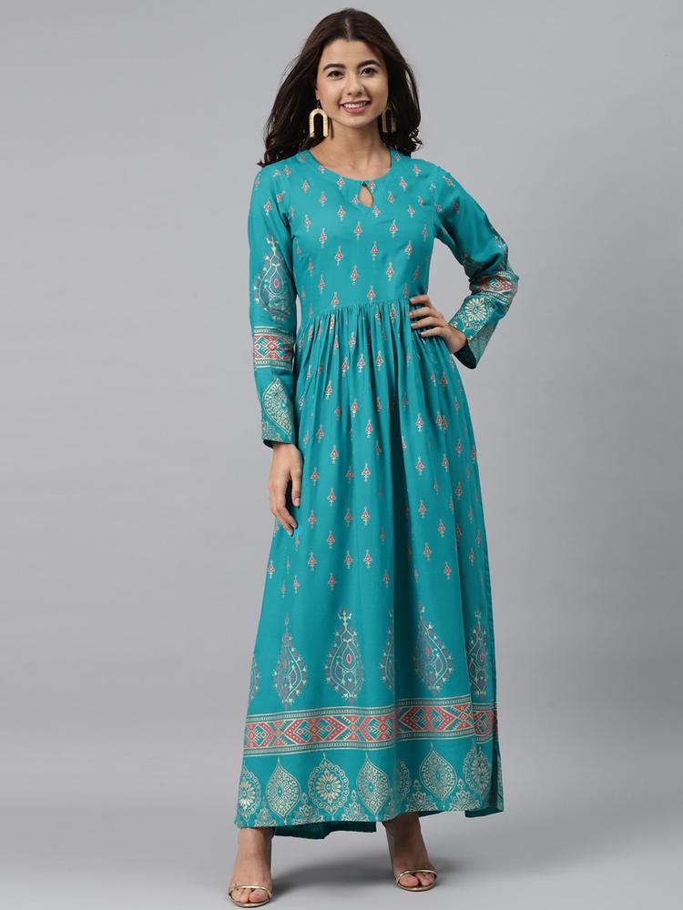GERUA Women Blue & Pink Ethnic Motifs Keyhole Neck Maxi Dress
