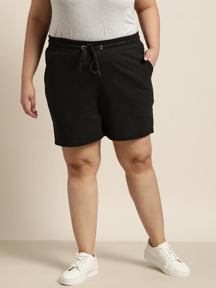 Sztori Women Plus Size Black Pure Cotton Shorts