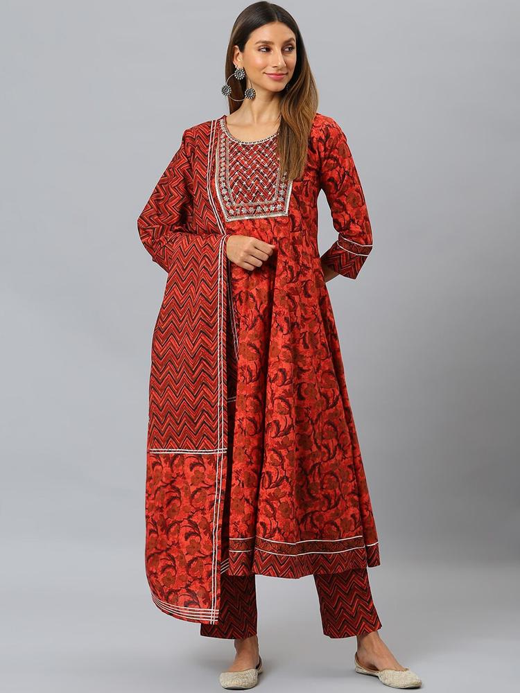 SIAH Women Red Ethnic Motifs Printed Empire Thread Work Pure Cotton Kurta with Trousers & With Dupatta