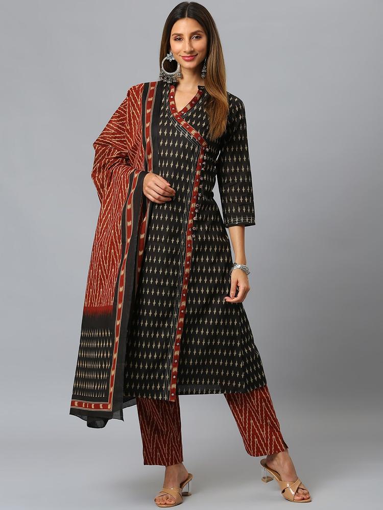 SIAH Women Black Printed Angrakha Thread Work Pure Cotton Kurta with Trousers & With Dupatta