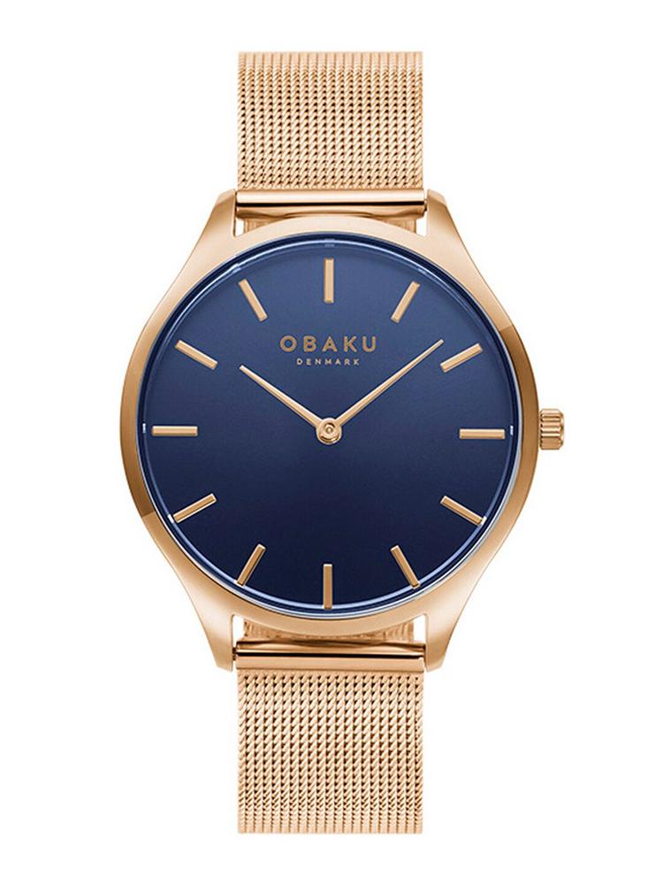 Obaku Men Blue Brass Embellished Dial & Rose Gold Toned Stainless Steel Bracelet Style Straps Analogue Watch