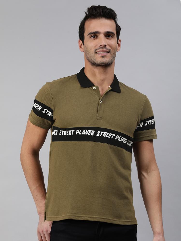 abof Men Khaki Typography Printed Polo Collar T-shirt