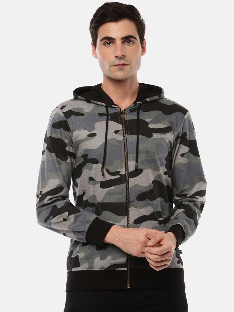 Chennis Men Grey Camouflage Printed Hooded Sweatshirt