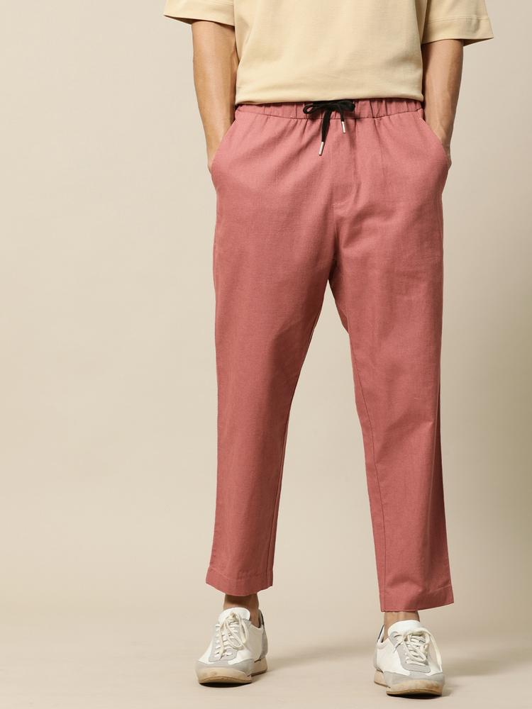 Mr Bowerbird Men Dusty Pink Liberal Fit Cotton Linen Trousers
